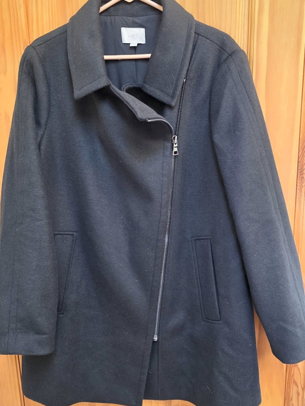LOFT Black Asymmetrical Zip Wool-Blend Pea Coat